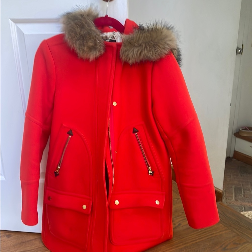 J. Crew Red Pea Coat with Fur Trim and Hood